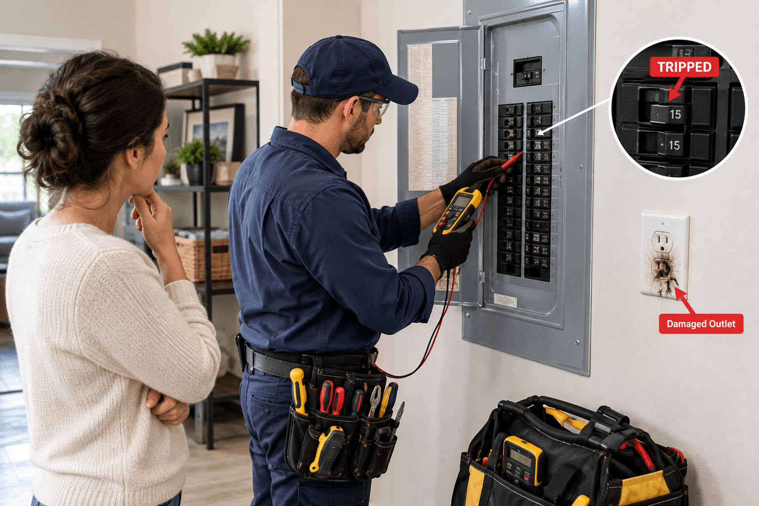 Electrical problems at home being inspected by a qualified technician