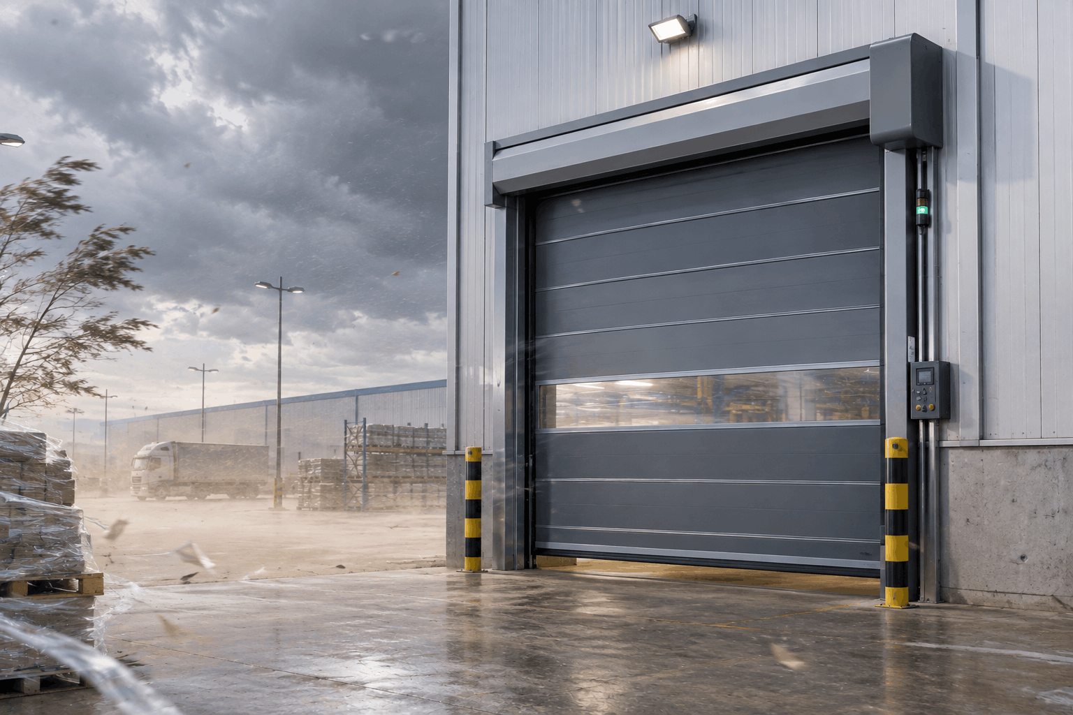 Industrial door wind resistance at an exposed warehouse entrance