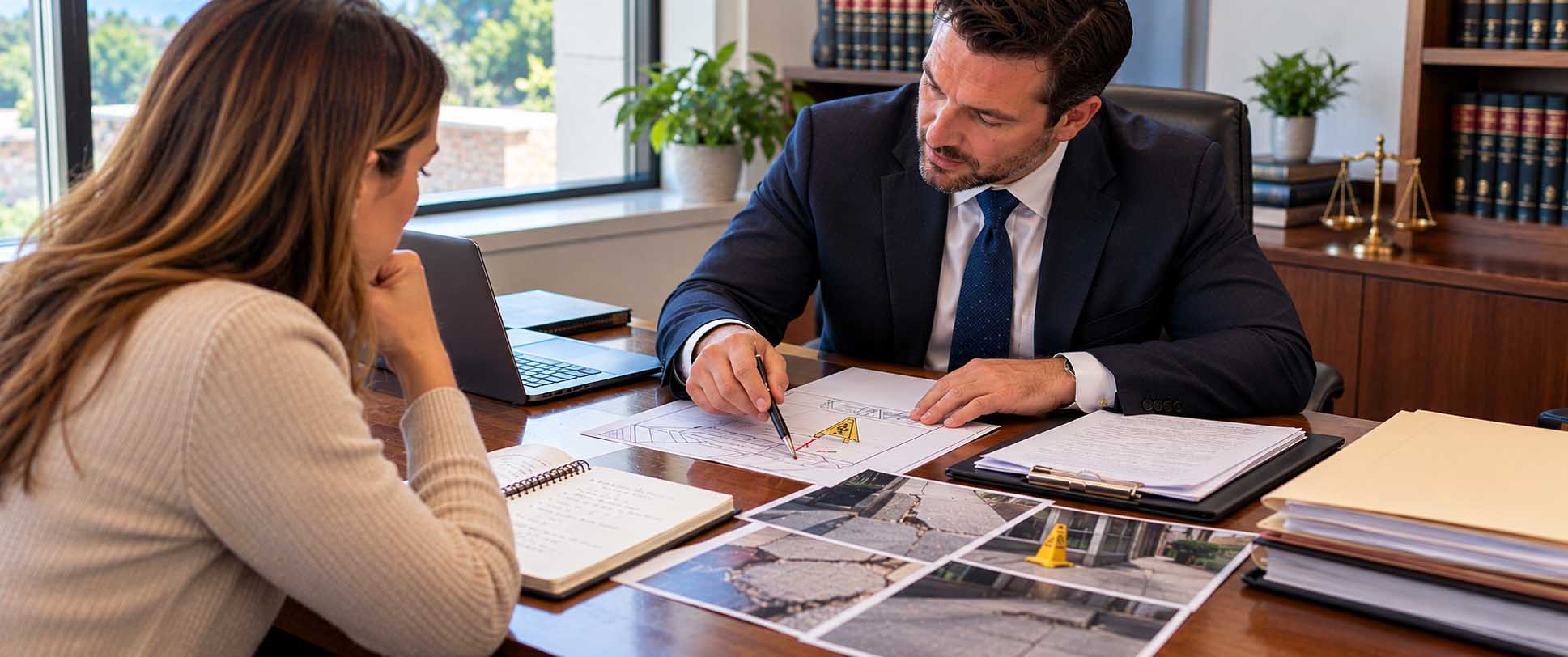 Attorney explaining the duty of care in injury claims using accident photographs and safety documentation.