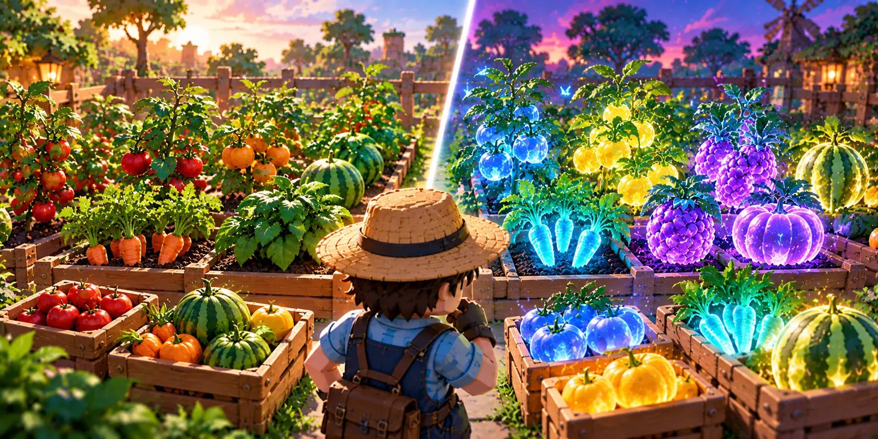 Normal crops vs mutated crops comparison in Grow a Garden